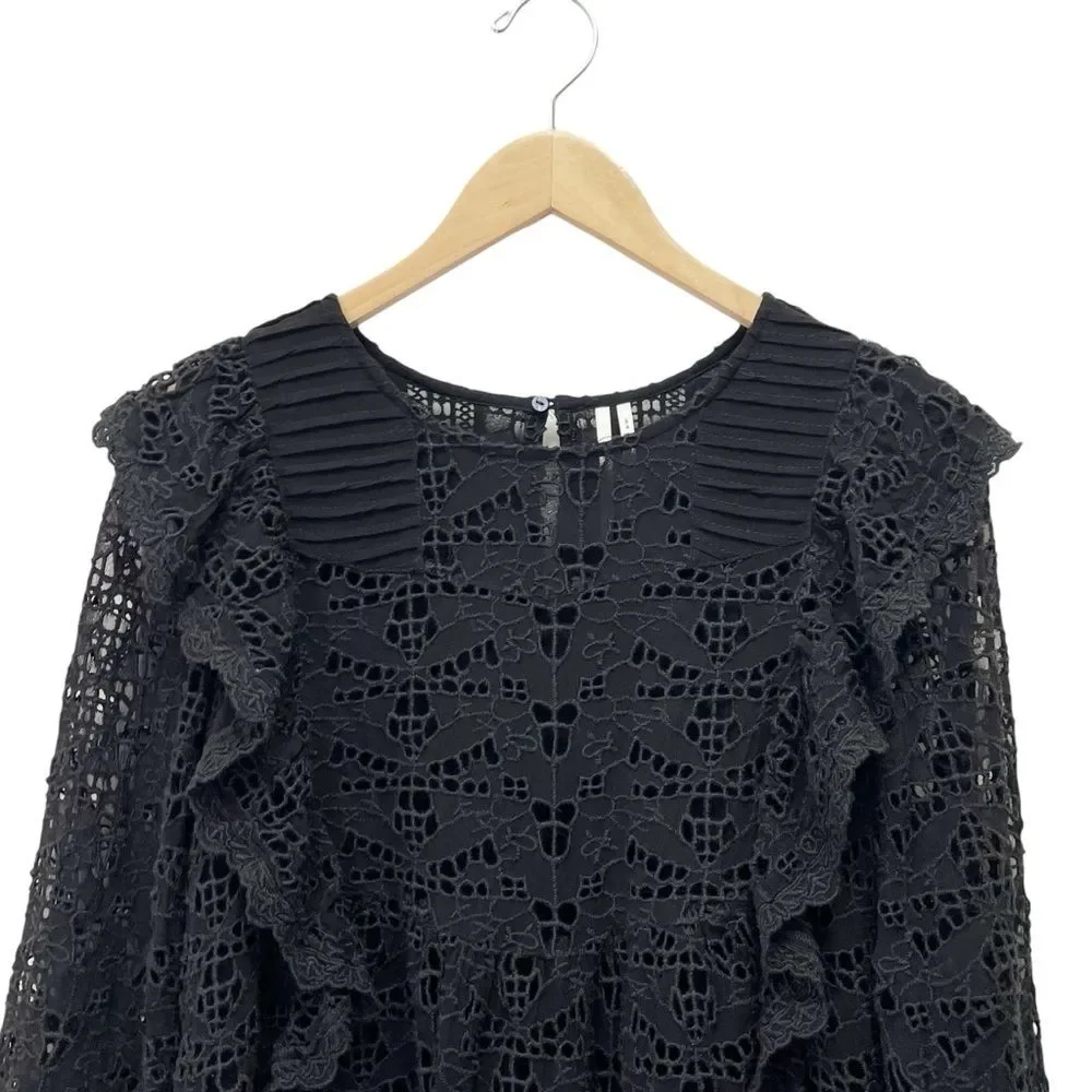 Anthropologie Clementine Eyelet Lace Blouse Black Ruffle Puff Sleeve Size 6